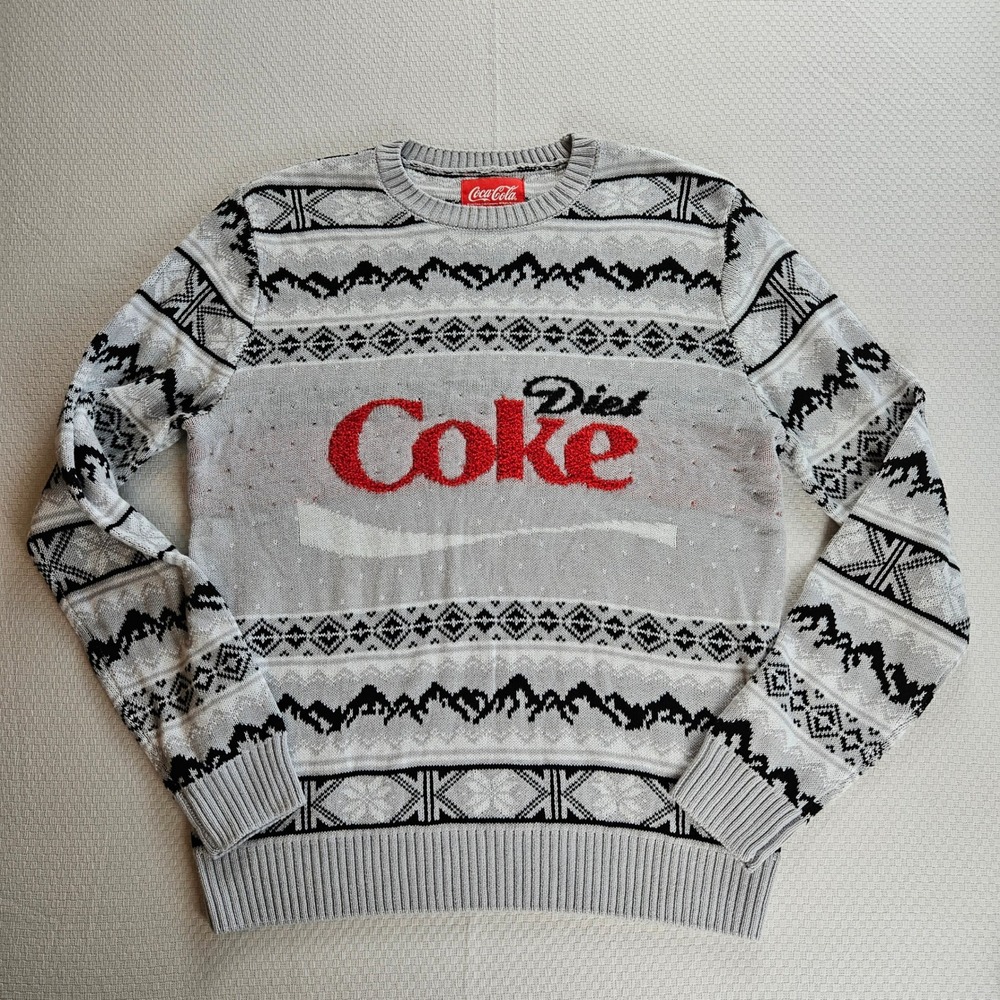 Coca Cola Diet Coke Grey Fair Isle Holiday Ugly Sweater Women Medium Crew Neck